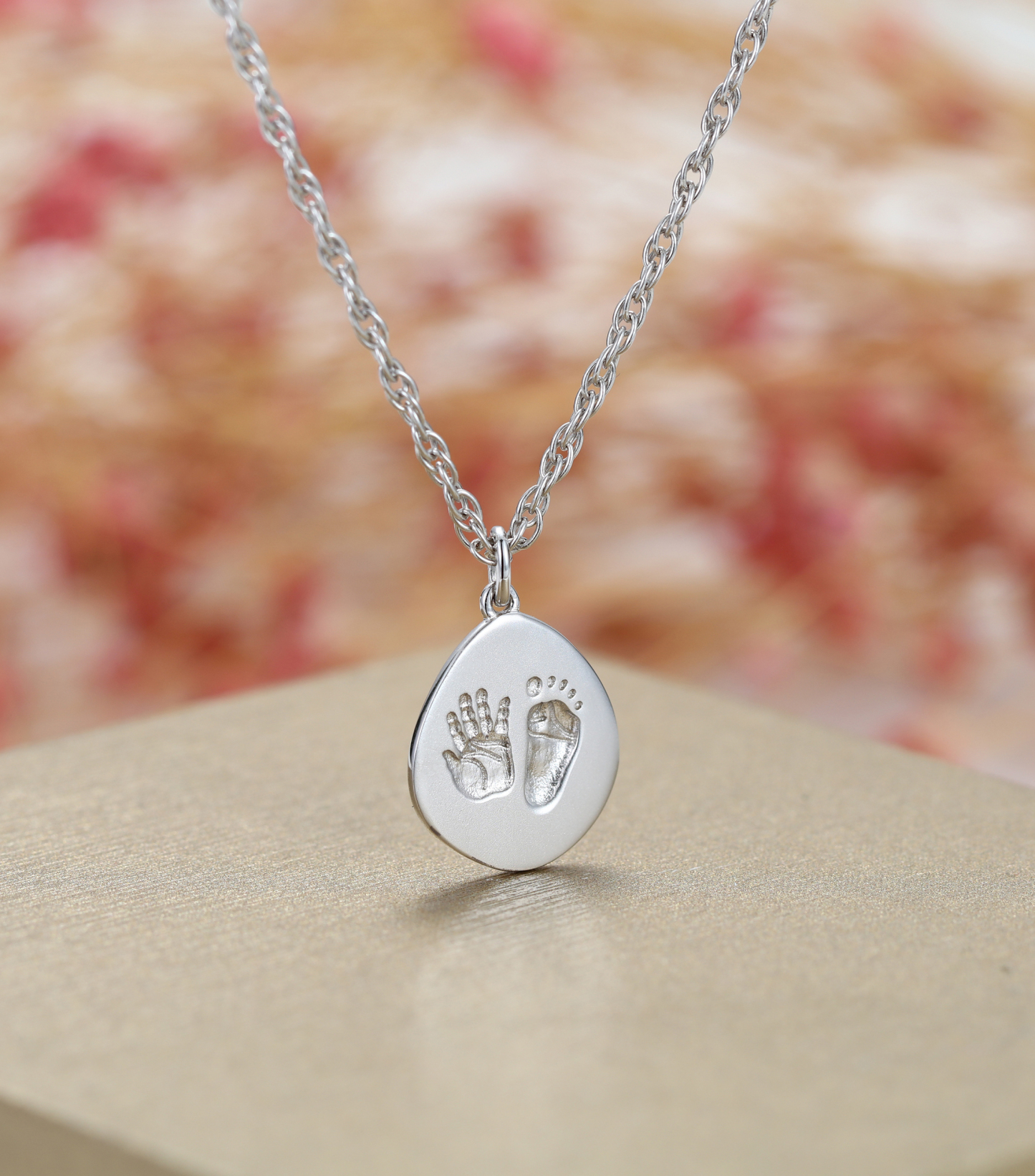 Customized Birthday Palm and Footprint Oval Pendant Necklace - Gold or Silver Plated - An exquisite gift for women, moms and kids