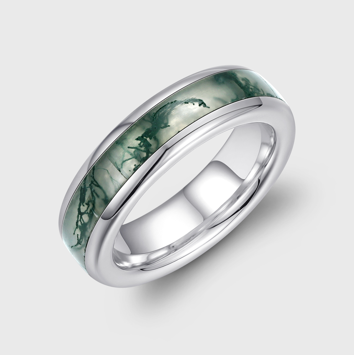 Unique Moss Agate Wedding Band Sterling Silver Nature Inspired Eco-Friendly Full Eternity 6mm Stacking Matching Rings Men Ring Gift For Him