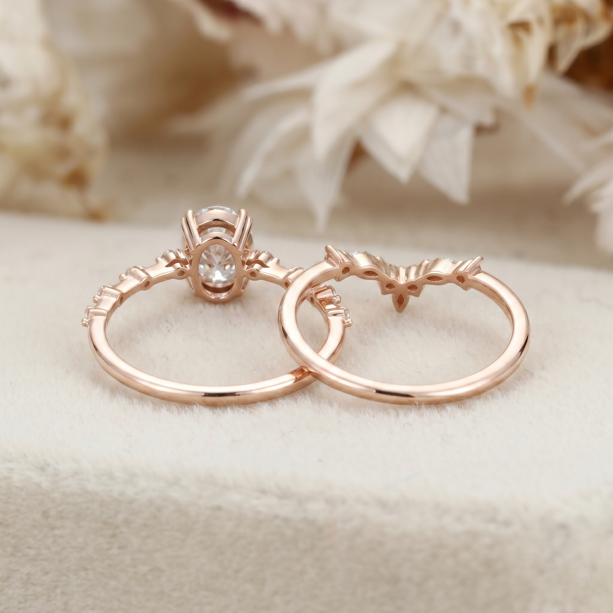 Vintage 1.5 Carat Oval Lab Grown Diamonds Bridal Ring Set in 14K Rose Gold – Engagement and Wedding Set