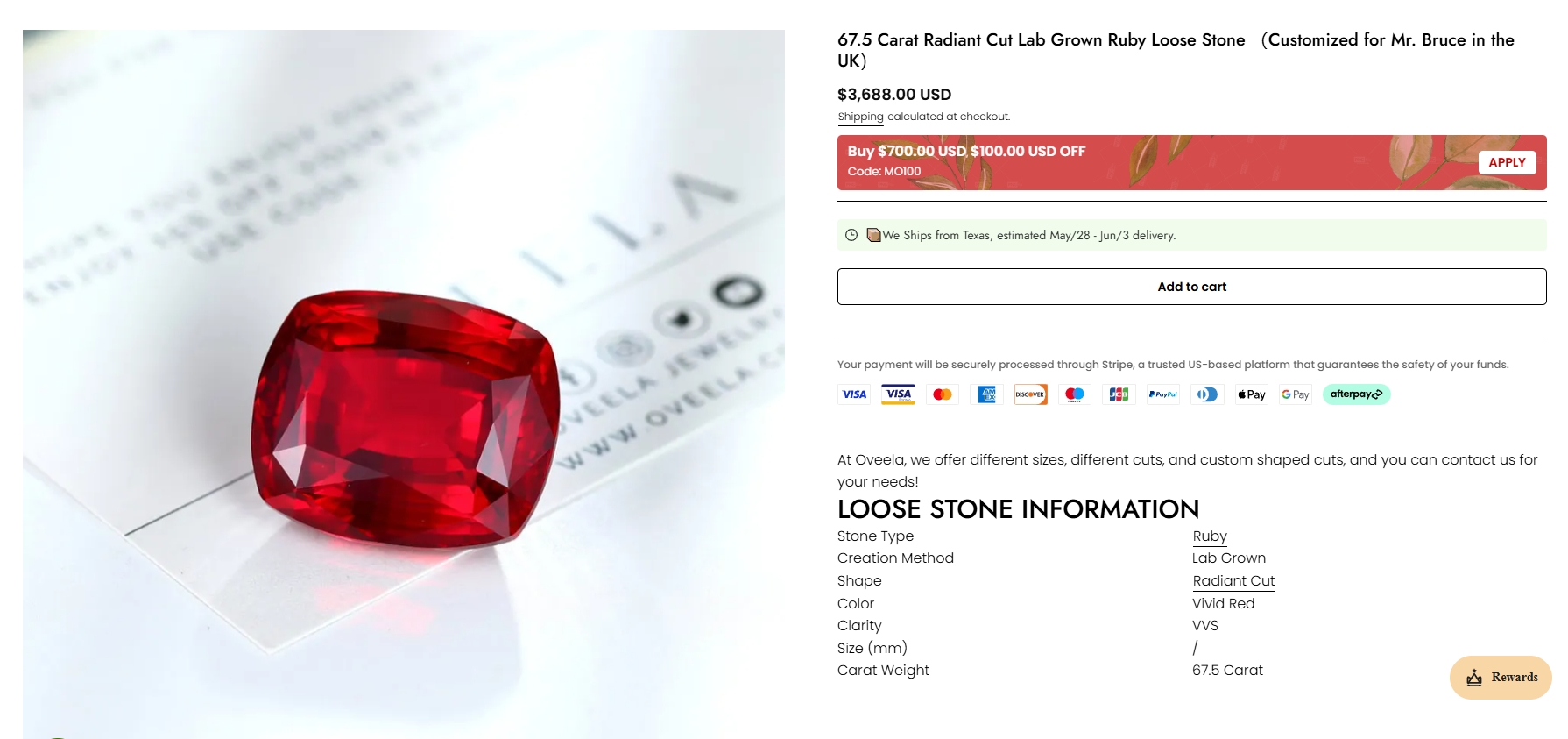 67.5 Carat Radiant Cut Lab Grown Ruby Loose Stone （Customized for Mr. Bruce in the UK）