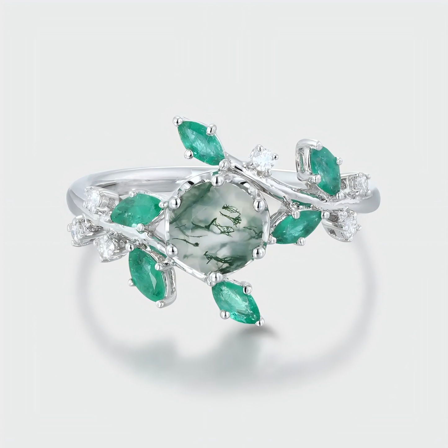 Round Cut Moss Agate Engagement Ring – Vintage 14K White Gold Moissanite Bridal Set, Nature-Inspired Anniversary Gift