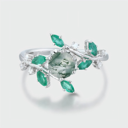Round Cut Moss Agate Engagement Ring – Vintage 14K White Gold Moissanite Bridal Set, Nature-Inspired Anniversary Gift