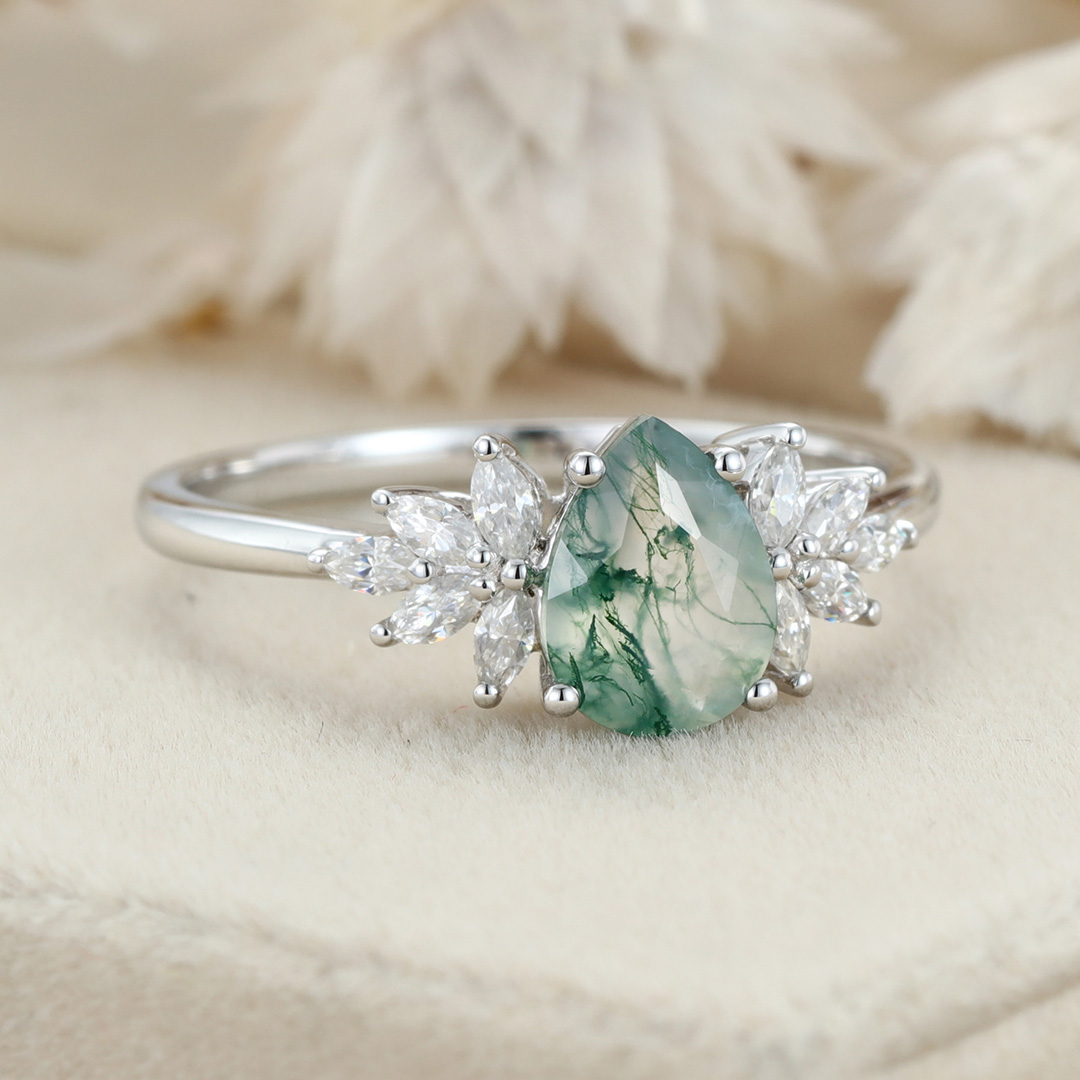 Natural Green Moss Agate Pear cut Cluster Engagement rings