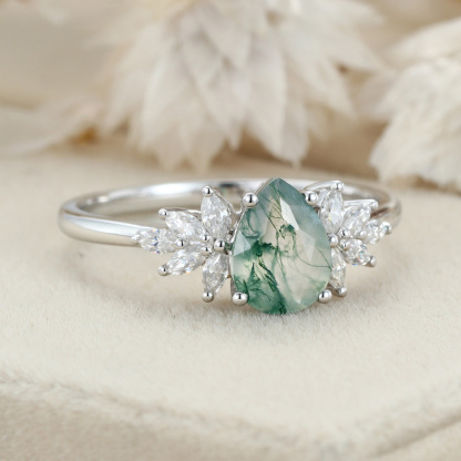 Natural Green Moss Agate Pear cut Cluster Engagement rings