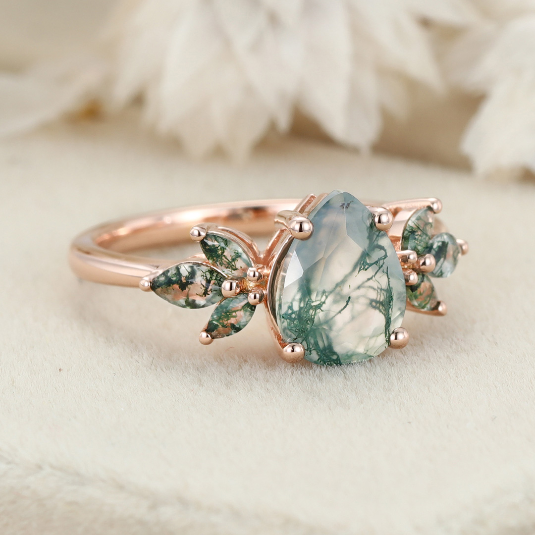 Natural Green Moss Agate pear cut cluster Engagement Ring