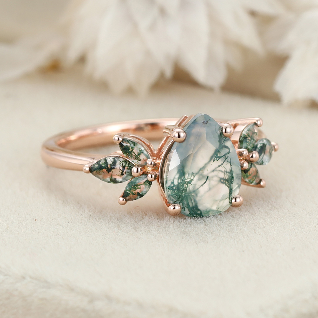 Natural Green Moss Agate pear cut cluster Engagement Ring