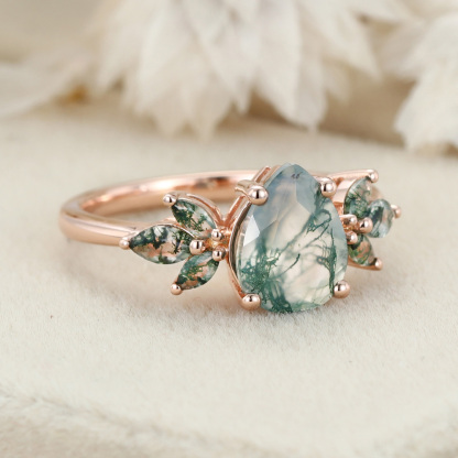 Natural Green Moss Agate pear cut cluster Engagement Ring