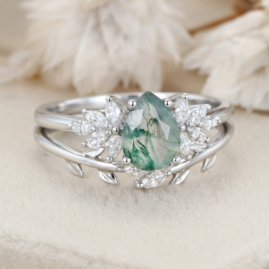 Natural Moss Agate Pear cut Engagement ring Bridal Sets