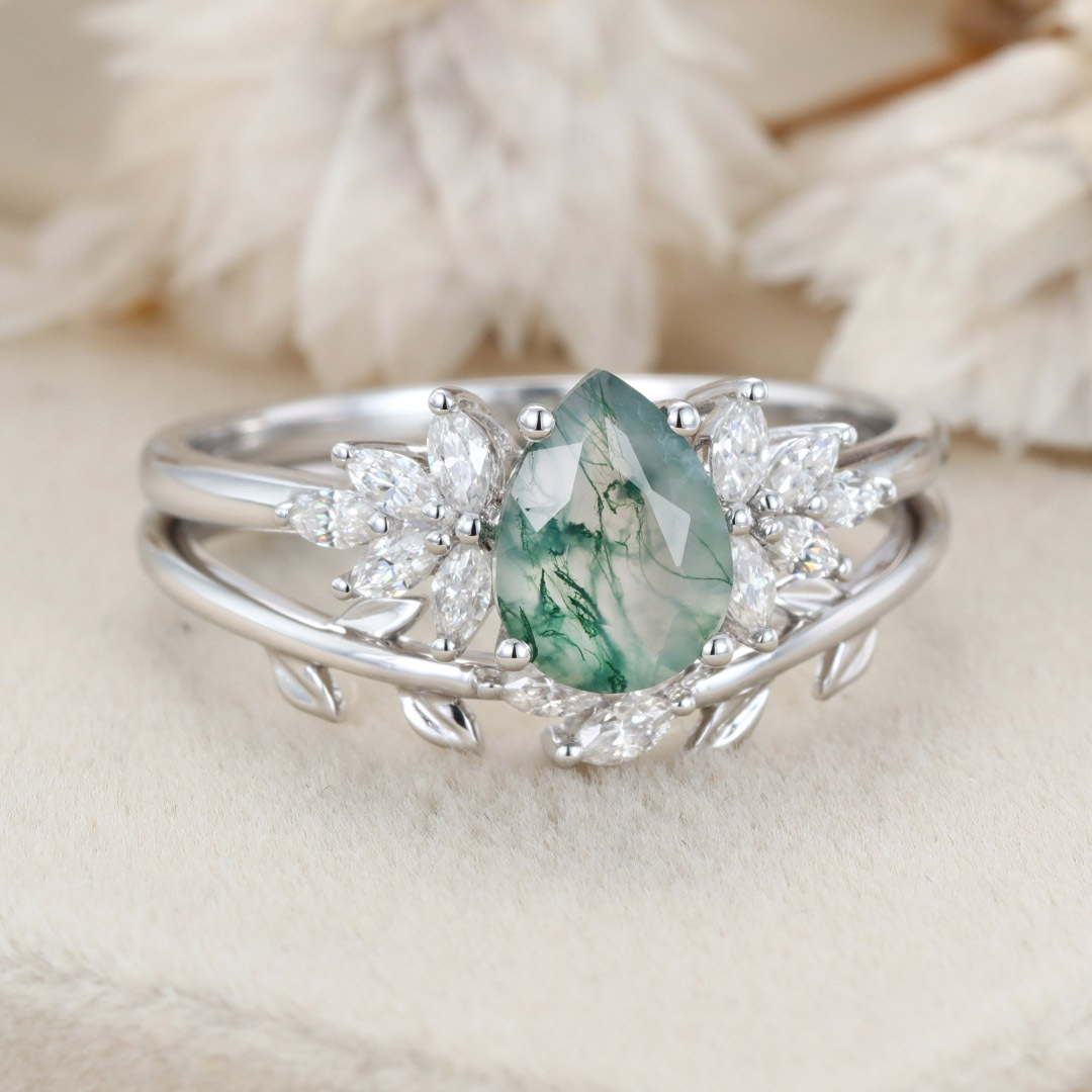 Natural Moss Agate Pear cut Engagement ring Bridal Sets