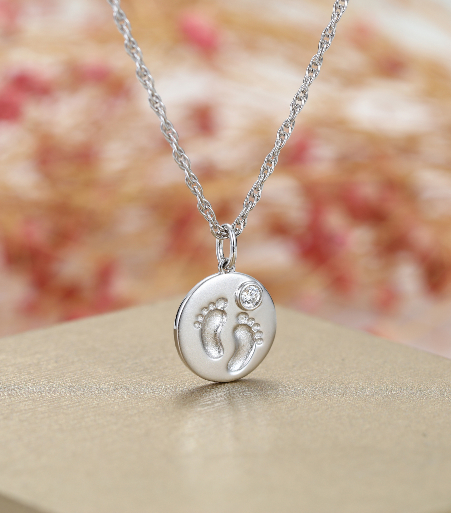 Custom Birthstone Footprints Engraved Round Medallion Pendant Necklace – Gold or Silver Plated – A Delicate Gift for Women, Moms, and Kids