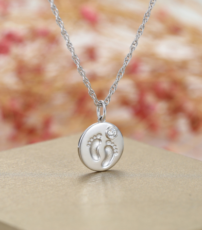Custom Birthstone Footprints Engraved Round Medallion Pendant Necklace – Gold or Silver Plated – A Delicate Gift for Women, Moms, and Kids