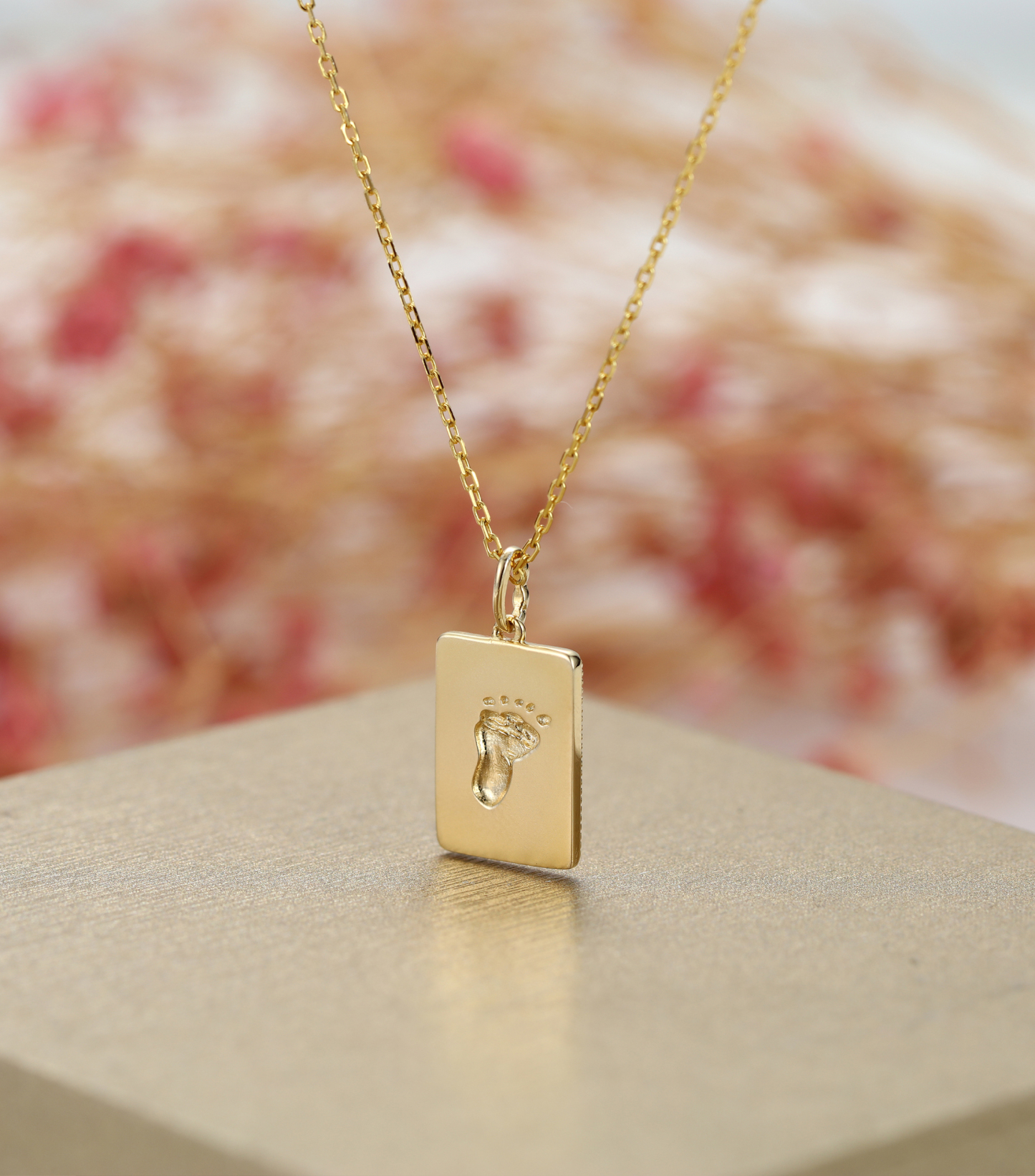 Yellow Gold Baby Footprints Customized Birthstones Engraved Name Square Pendant Necklace