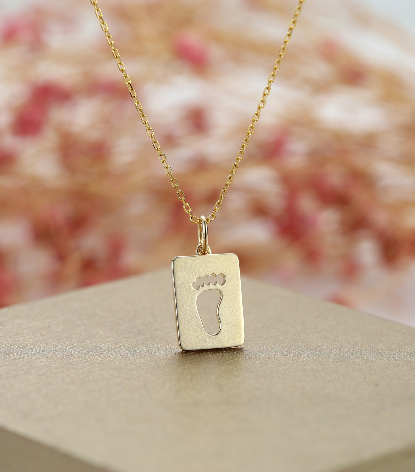 Yellow Gold Baby Footprints Customized Birthstones Engraved Name Square Pendant Necklace
