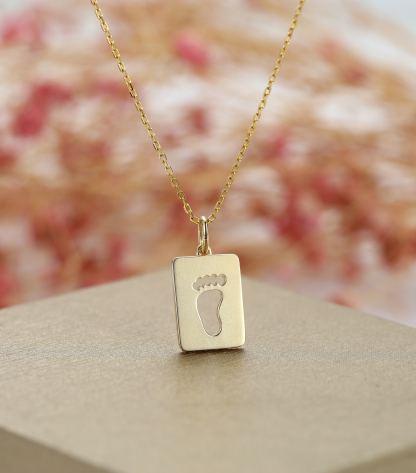 Yellow Gold Baby Footprints Customized Birthstones Engraved Name Square Pendant Necklace