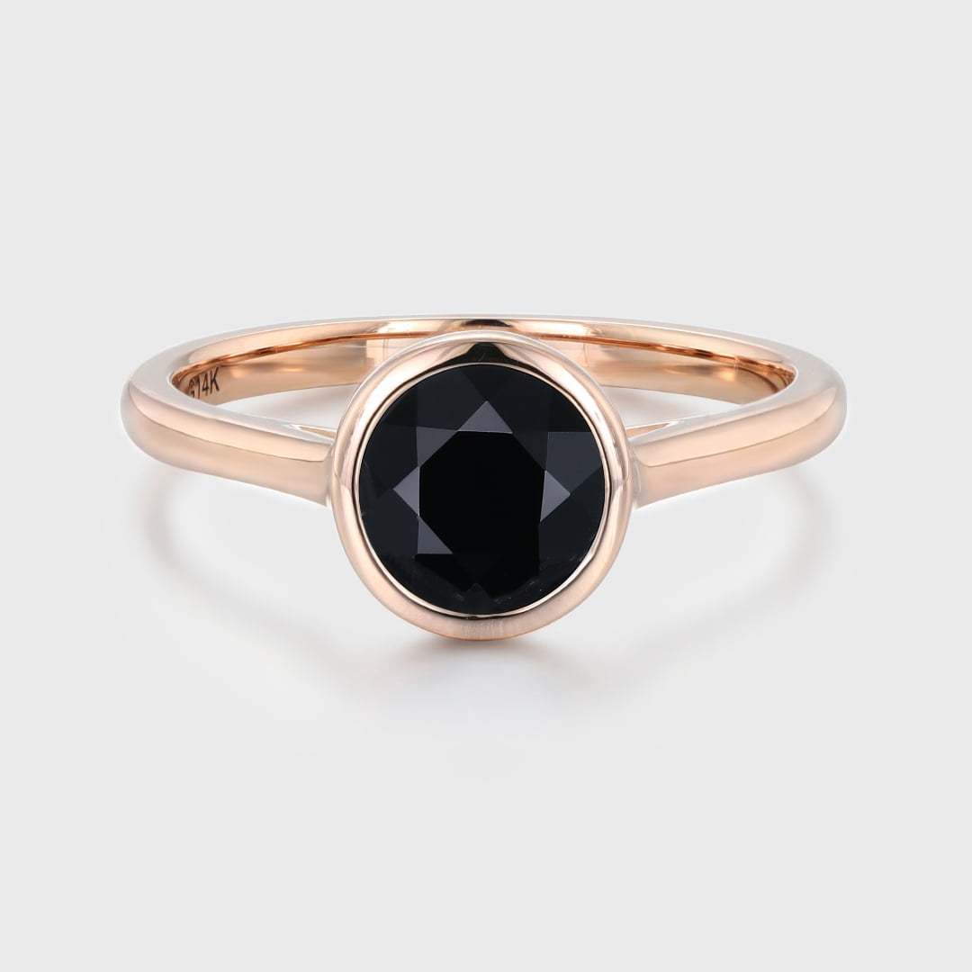 6.5mm Round Bezel Black Onyx Ring Rose gold ring Engagement Ring Solitaire Bezel Ring Promise Ring
