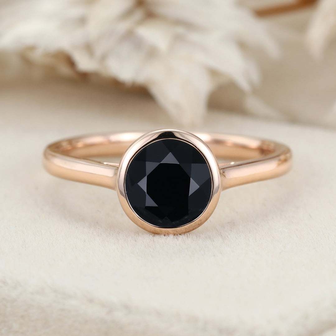 6.5mm Round Bezel Black Onyx Ring Rose gold ring Engagement Ring Solitaire Bezel Ring Promise Ring