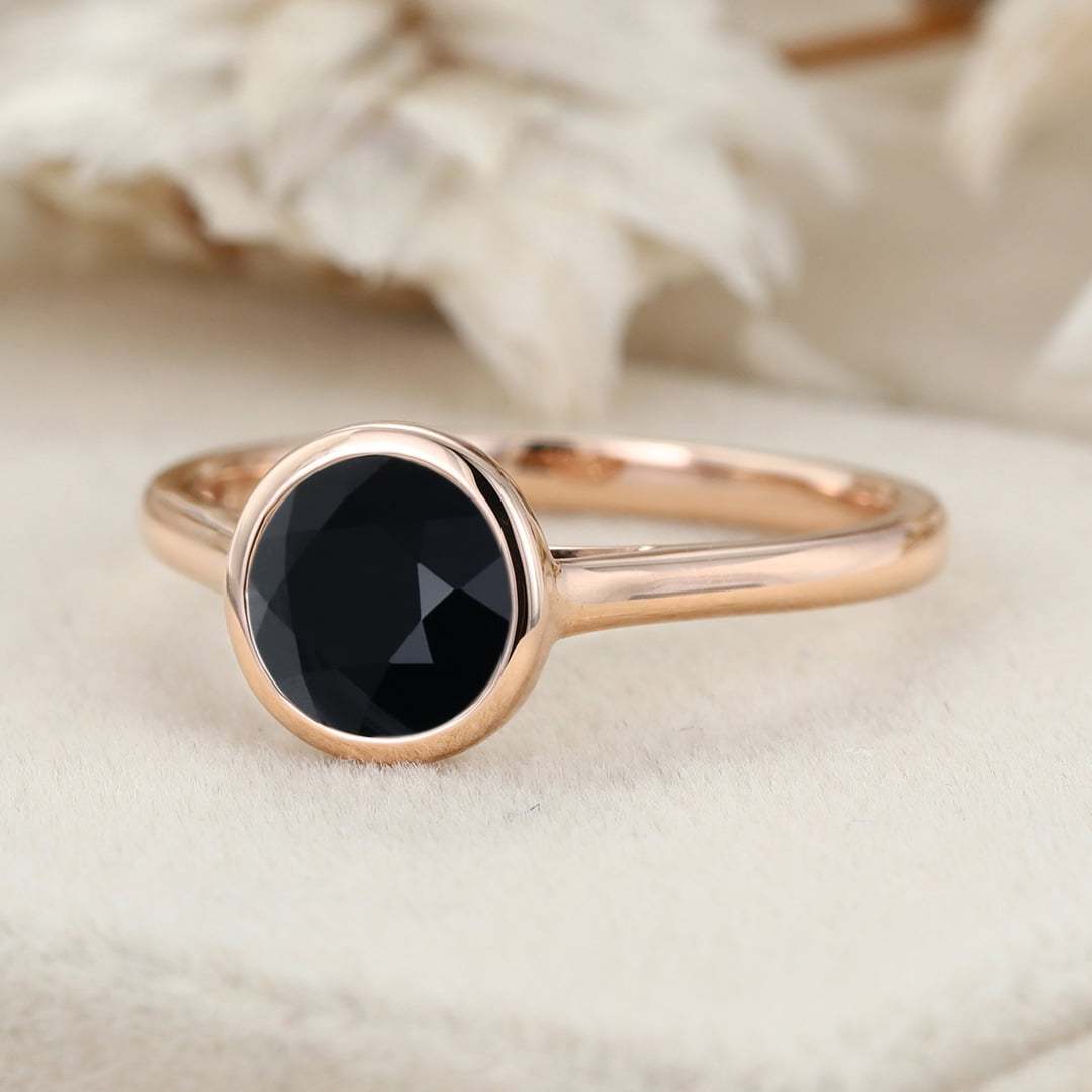 6.5mm Round Bezel Black Onyx Ring Rose gold ring Engagement Ring Solitaire Bezel Ring Promise Ring