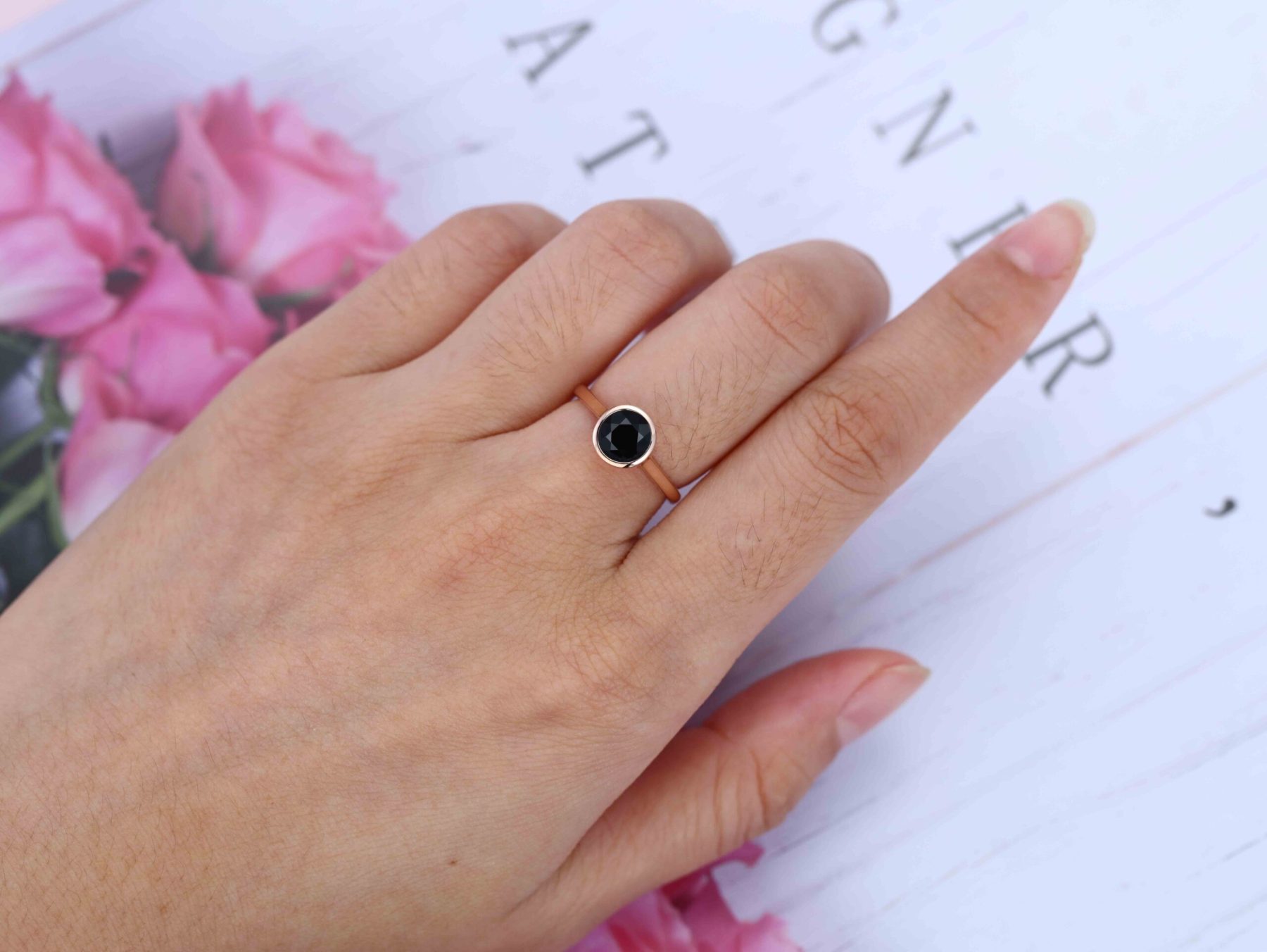 6.5mm Round Bezel Black Onyx Ring Rose gold ring Engagement Ring Solitaire Bezel Ring Promise Ring