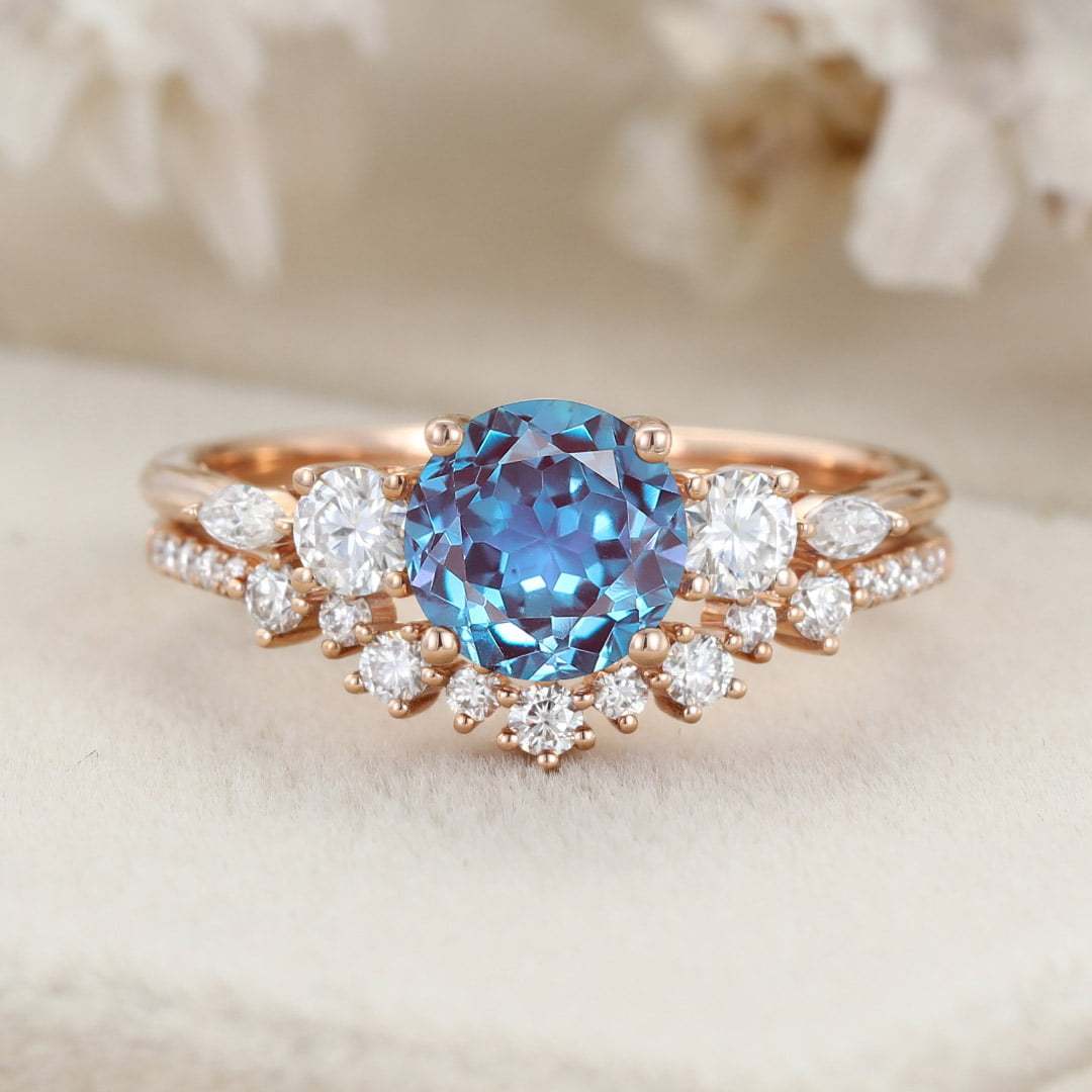 6.5mm Round Cut Alexandrte Engagement Ring Set Rose Gold Wedding Promise Anniversary Gift For Her