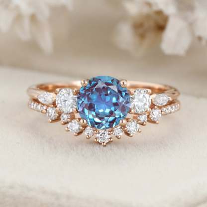 6.5mm Round Cut Alexandrte Engagement Ring Set Rose Gold Wedding Promise Anniversary Gift For Her