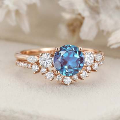6.5mm Round Cut Alexandrte Engagement Ring Set Rose Gold Wedding Promise Anniversary Gift For Her