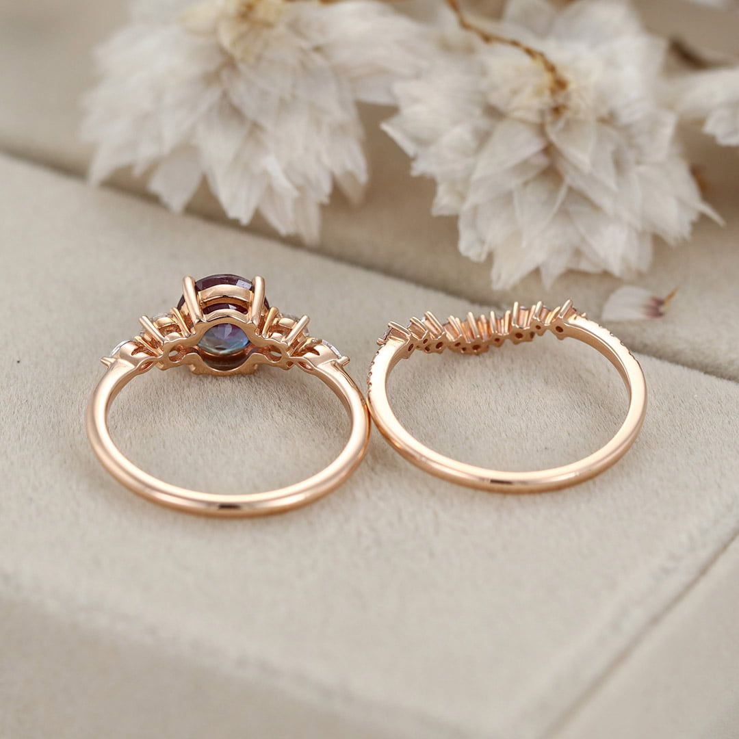 6.5mm Round Cut Alexandrte Engagement Ring Set Rose Gold Wedding Promise Anniversary Gift For Her