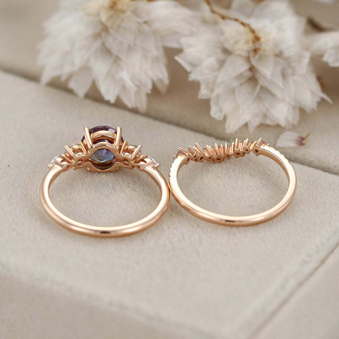 6.5mm Round Cut Alexandrte Engagement Ring Set Rose Gold Wedding Promise Anniversary Gift For Her