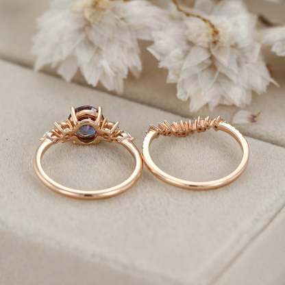6.5mm Round Cut Alexandrte Engagement Ring Set Rose Gold Wedding Promise Anniversary Gift For Her