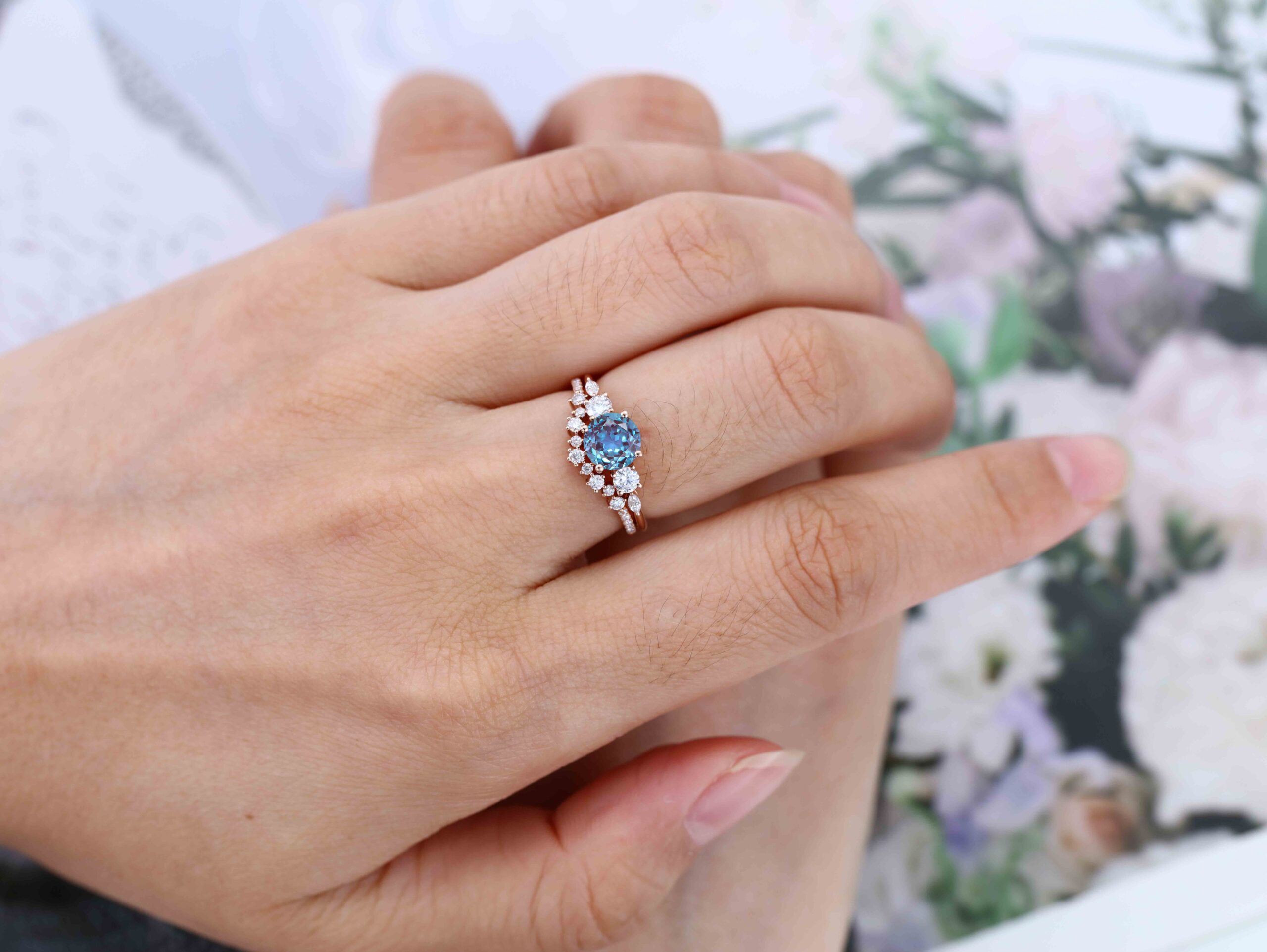 6.5mm Round Cut Alexandrte Engagement Ring Set Rose Gold Wedding Promise Anniversary Gift For Her