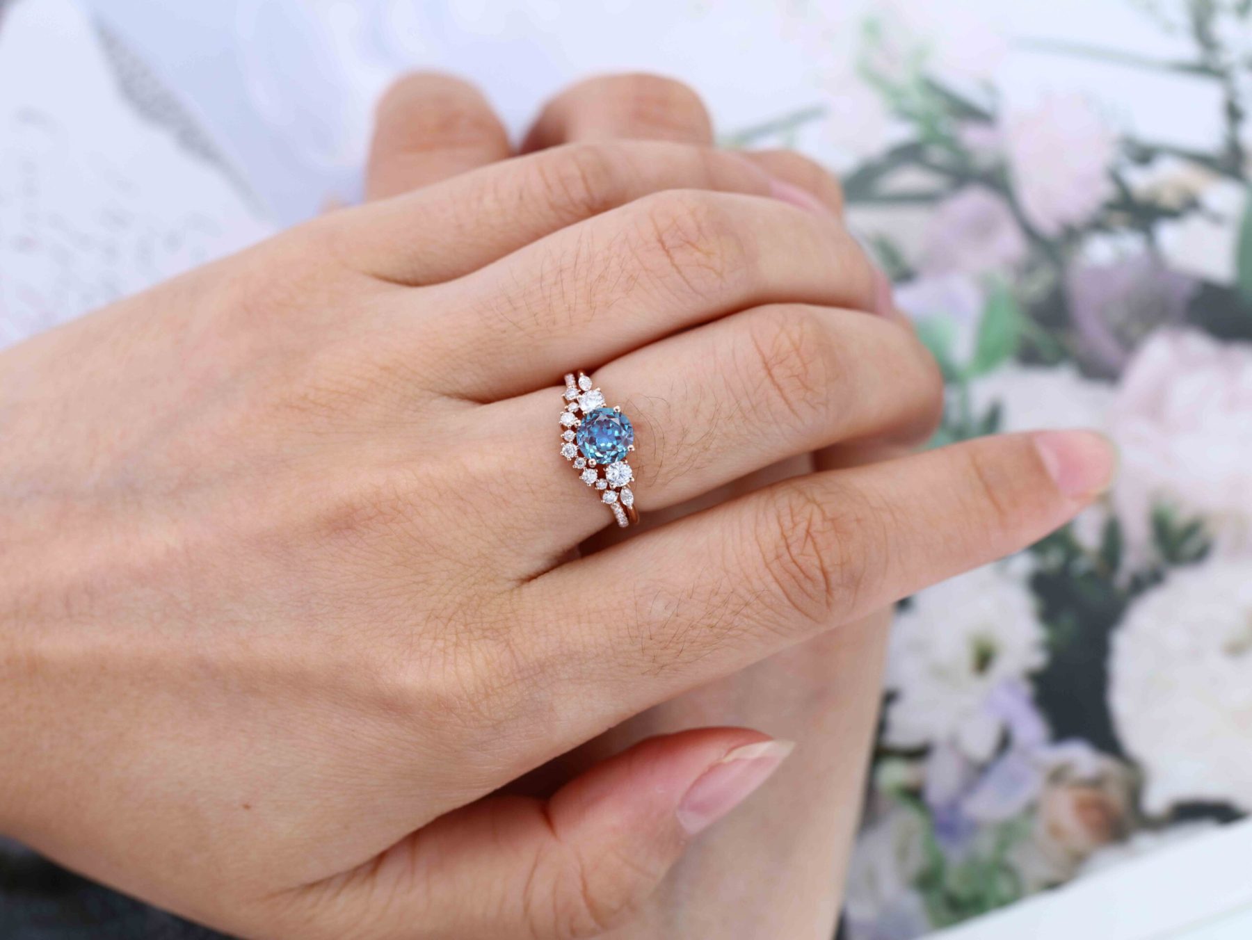 6.5mm Round Cut Alexandrte Engagement Ring Set Rose Gold Wedding Promise Anniversary Gift For Her