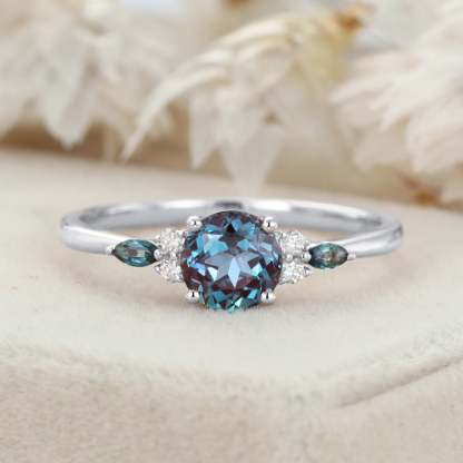 6.5mm Round Cut Lab Alexandrite Ring Vintage 14K Rose Gold Art Deco Engagement Ring