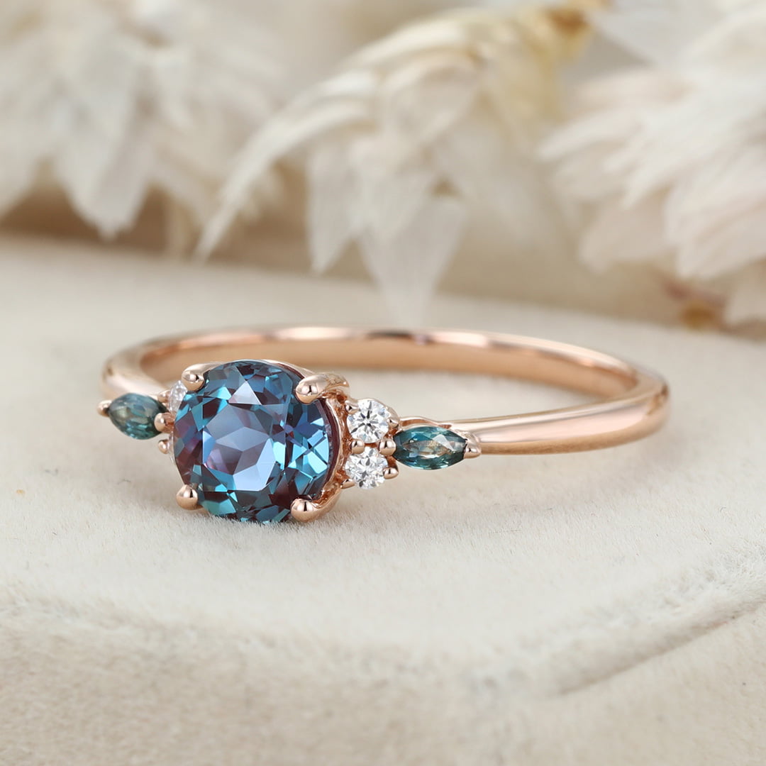 6.5mm Round Cut Lab Alexandrite Ring Vintage 14K Rose Gold Art Deco Engagement Ring