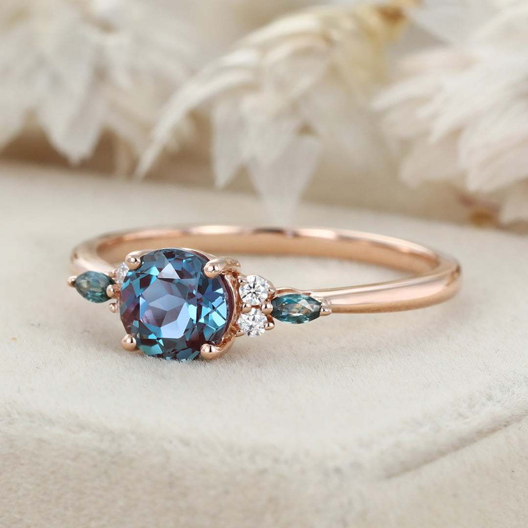 6.5mm Round Cut Lab Alexandrite Ring Vintage 14K Rose Gold Art Deco Engagement Ring