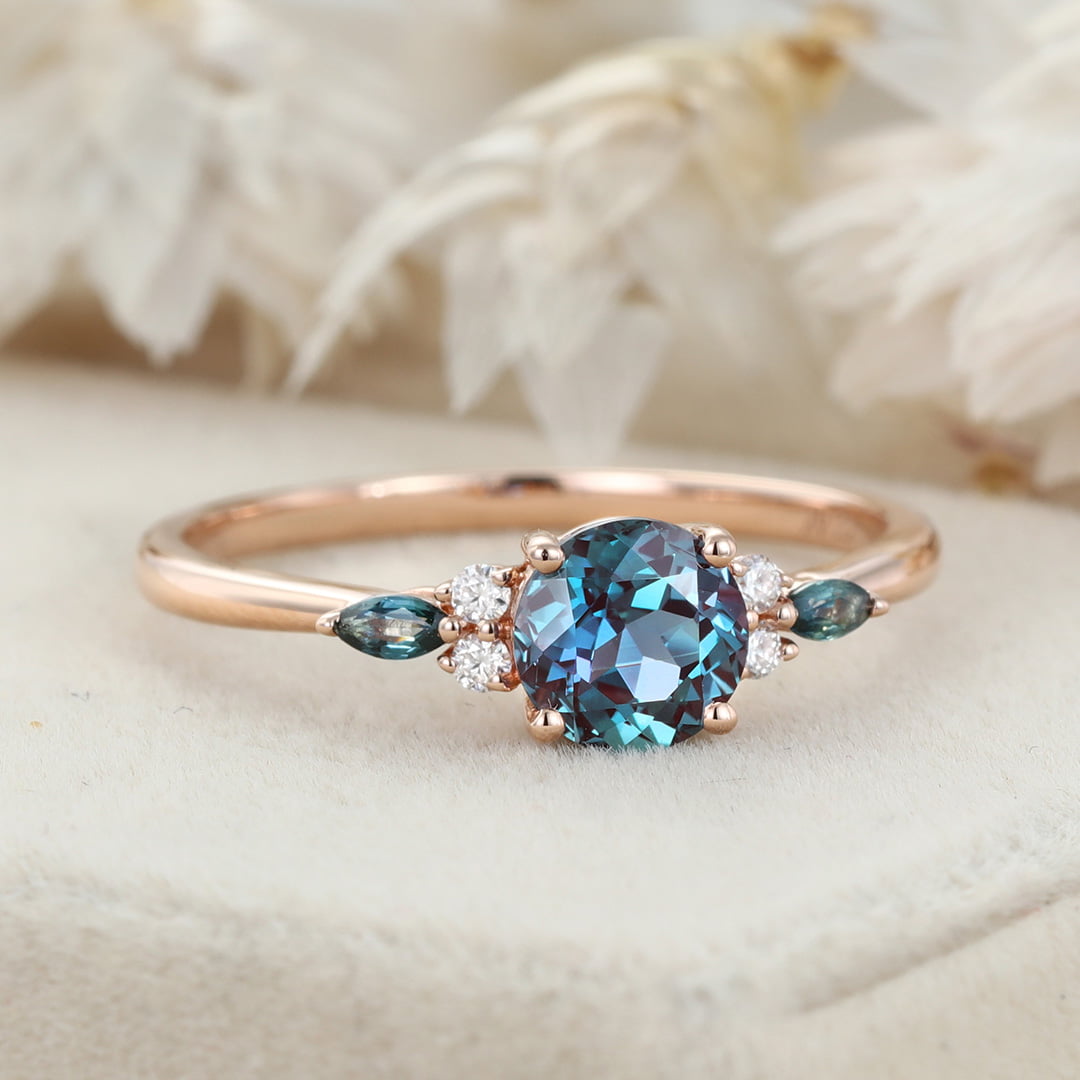 6.5mm Round Cut Lab Alexandrite Ring Vintage 14K Rose Gold Art Deco Engagement Ring