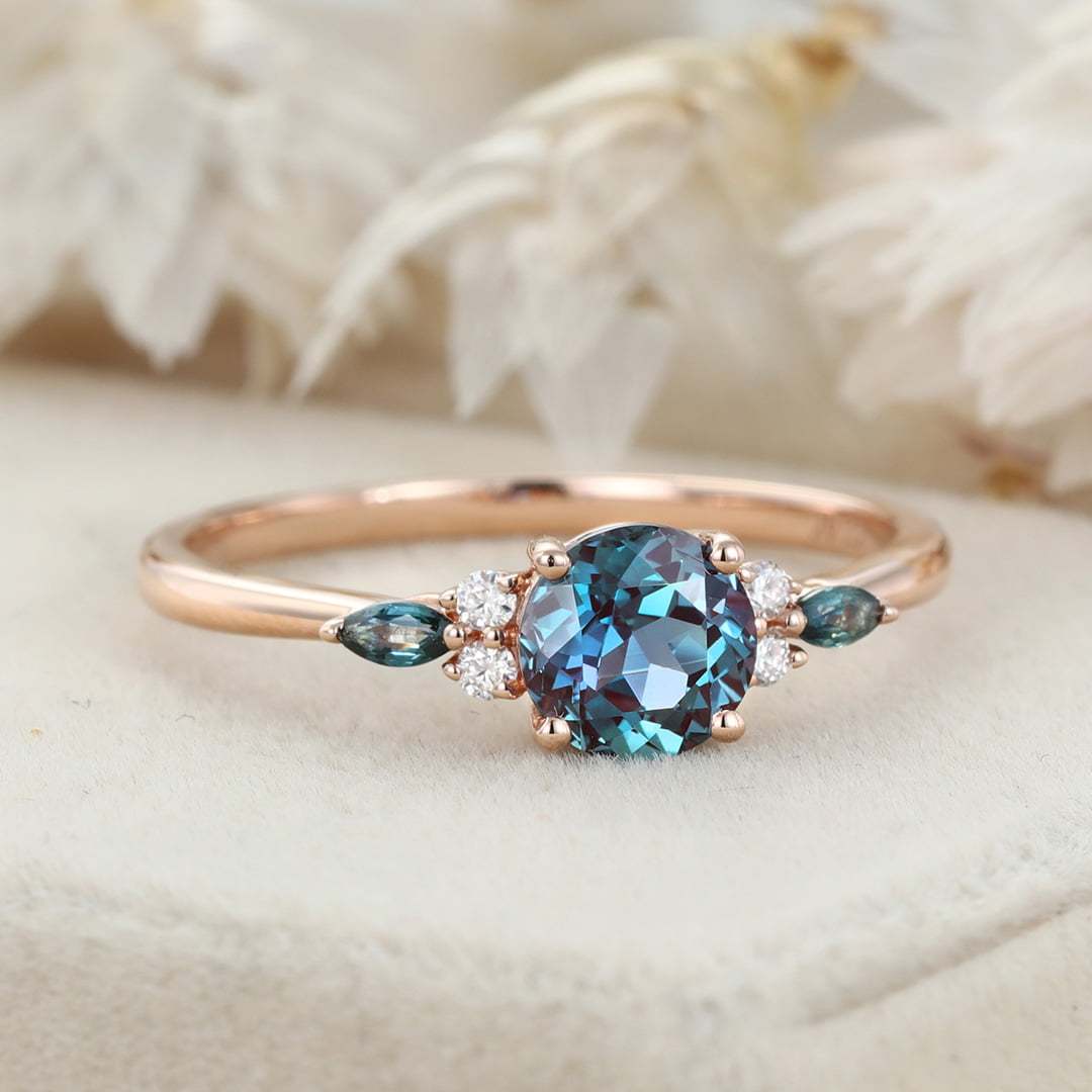 6.5mm Round Cut Lab Alexandrite Ring Vintage 14K Rose Gold Art Deco Engagement Ring