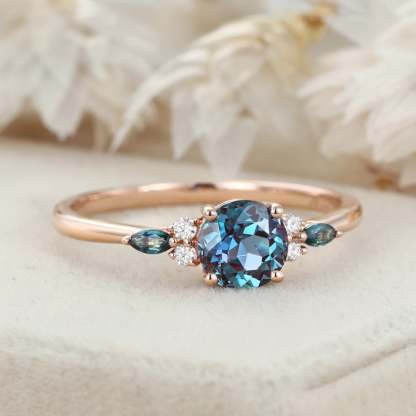 6.5mm Round Cut Lab Alexandrite Ring Vintage 14K Rose Gold Art Deco Engagement Ring
