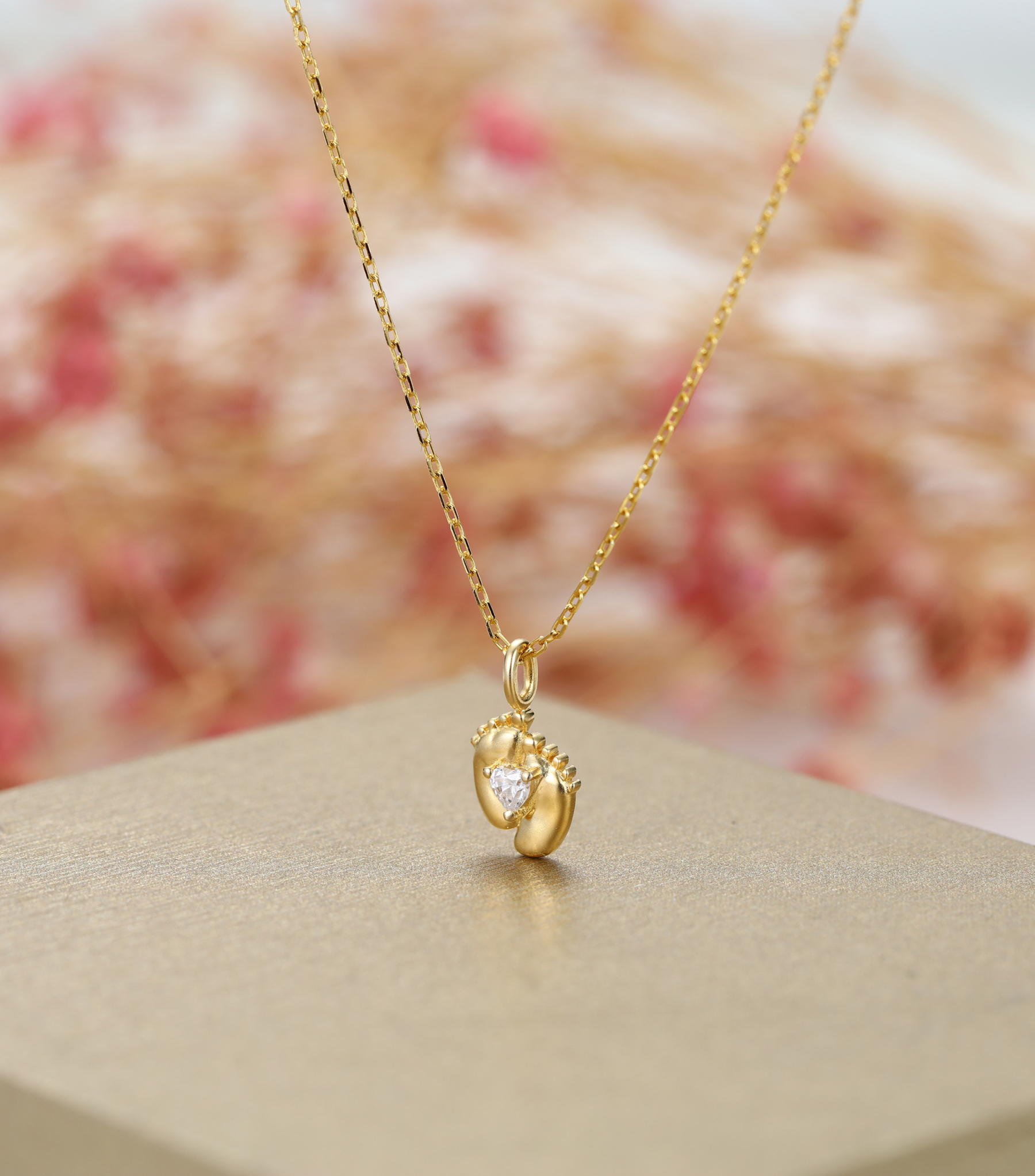 Gold-Plated Custom Heart Cut Birthstone Mini Baby Feet Necklace – Personalized Gift for Moms