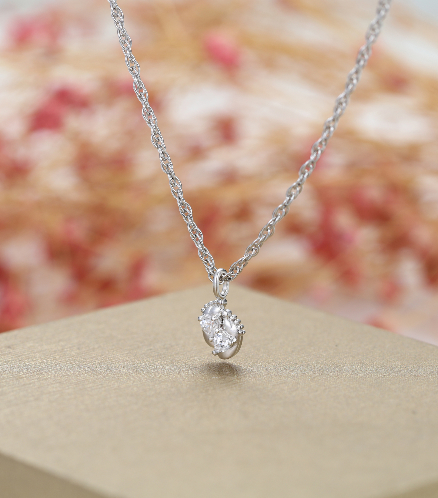 White Gold-Plated Customized Two-Stone Heart-Cut Birthstone Mini Baby Feet Necklace – Personalized Gift for Moms