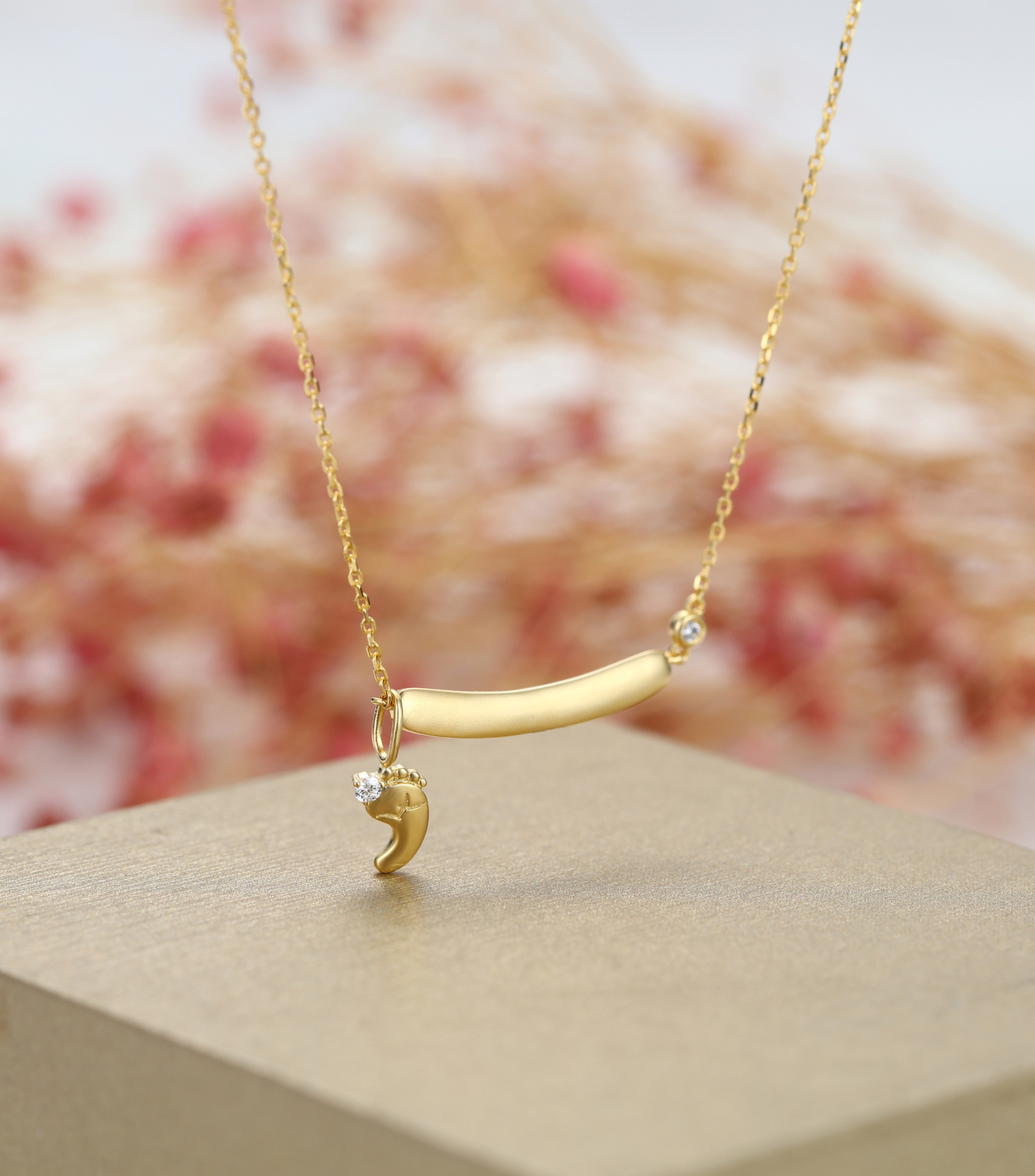 Gold-Plated Baby's Footprint Elements Customizable Birthstone Engraved Name Smile Necklace – Personalized Gift for Moms & Families