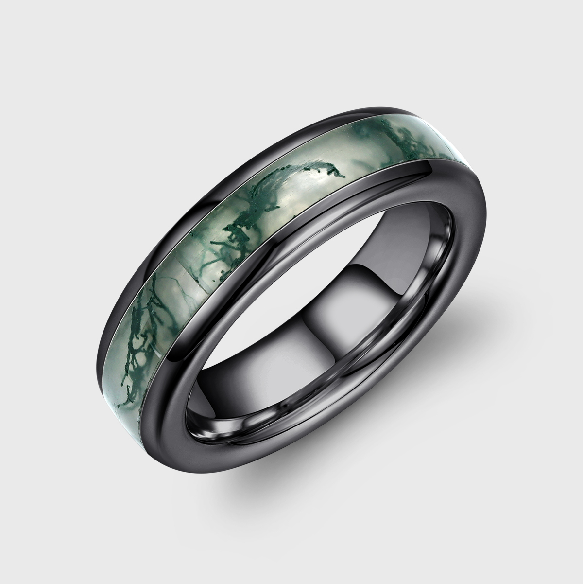 Unique Moss Agate Wedding Band Sterling Silver Nature Inspired Eco-Friendly Full Eternity 6mm Stacking Matching Rings Men Ring Gift For Him