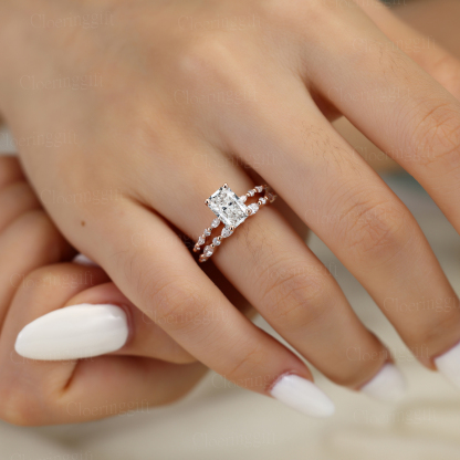 1.0ct Radiant Cut Lab Grown Diamond Cluster Engagement Ring Set