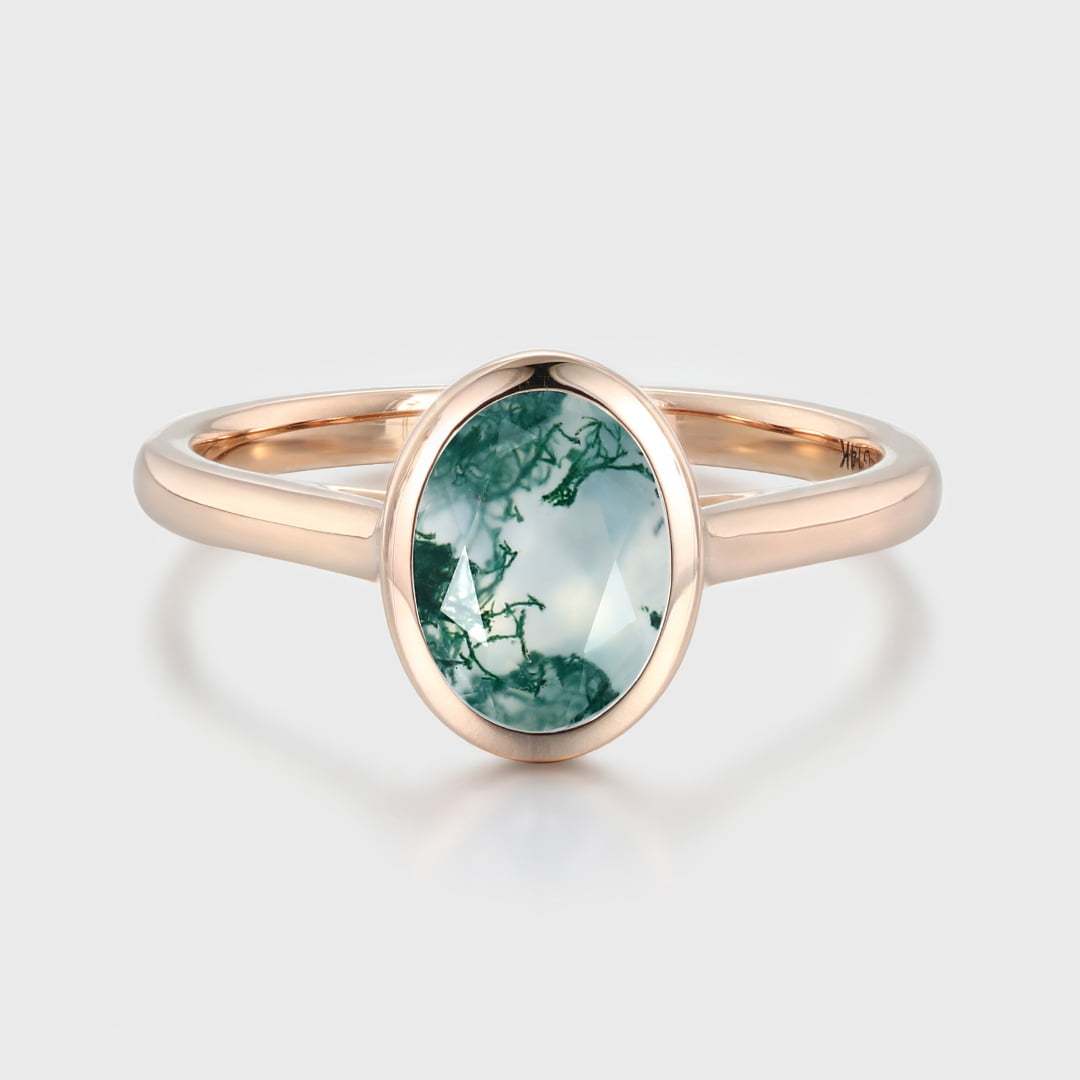 14K Rose Gold 6x8mm Oval Cut Natural Green Moss Agate Ring Bezel Set Engagement Bridal Promise Anniversary Gift For Women