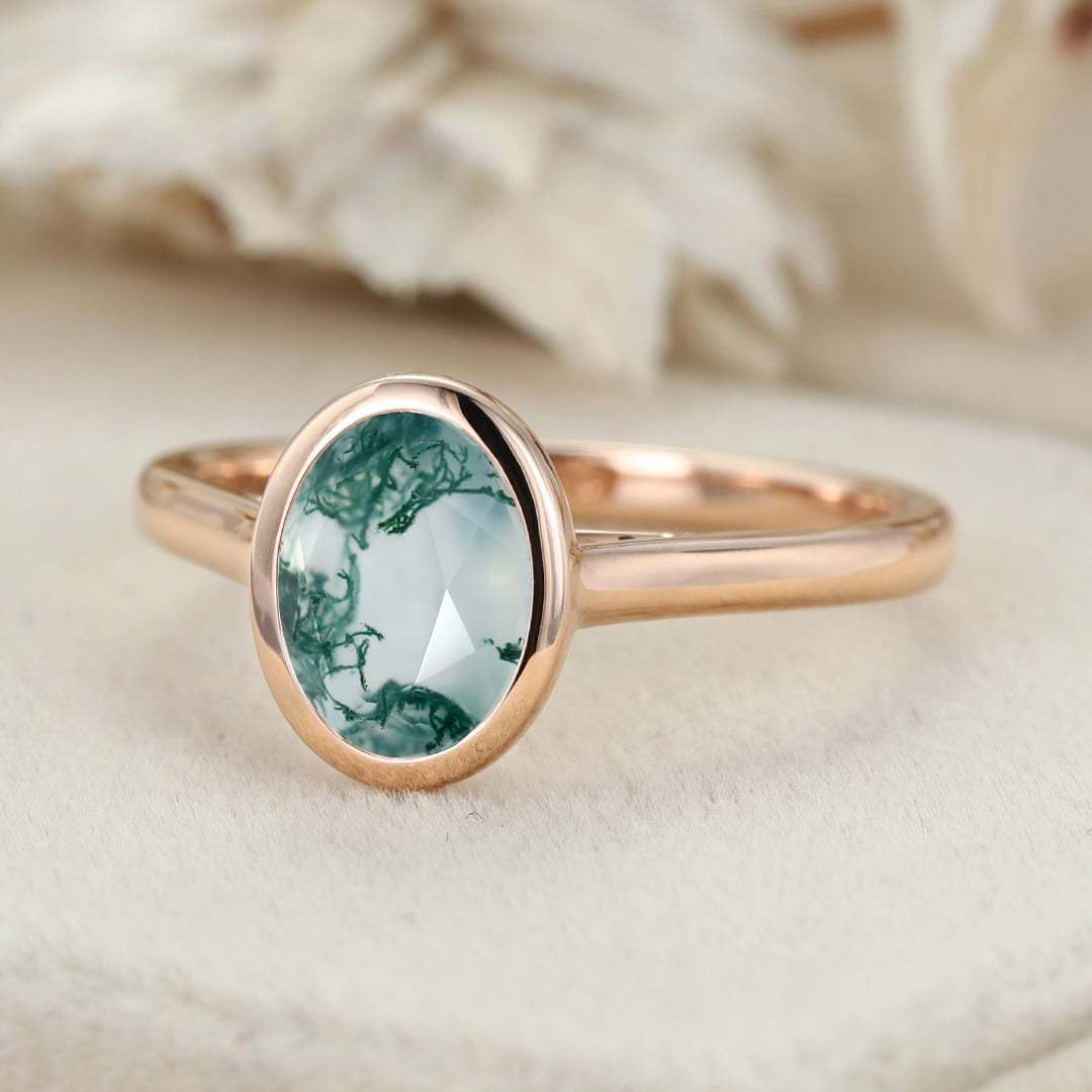 6x8 Oval Shaped Natural Moss Agate Engagement Ring Bezel set engagement ring Wedding Ring Propose Ring Anniversary Gifts for Her