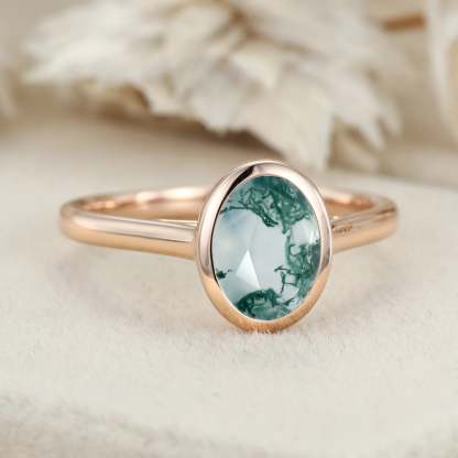 6x8 Oval Shaped Natural Moss Agate Engagement Ring Bezel set engagement ring Wedding Ring Propose Ring Anniversary Gifts for Her