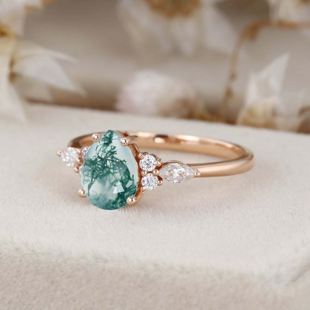 6x8mm Pear Natural Moss Agate Ring Unique Rose gold Cluster moissanite Engagement Ring Aquatic Green Agate Promise Wedding gift for her