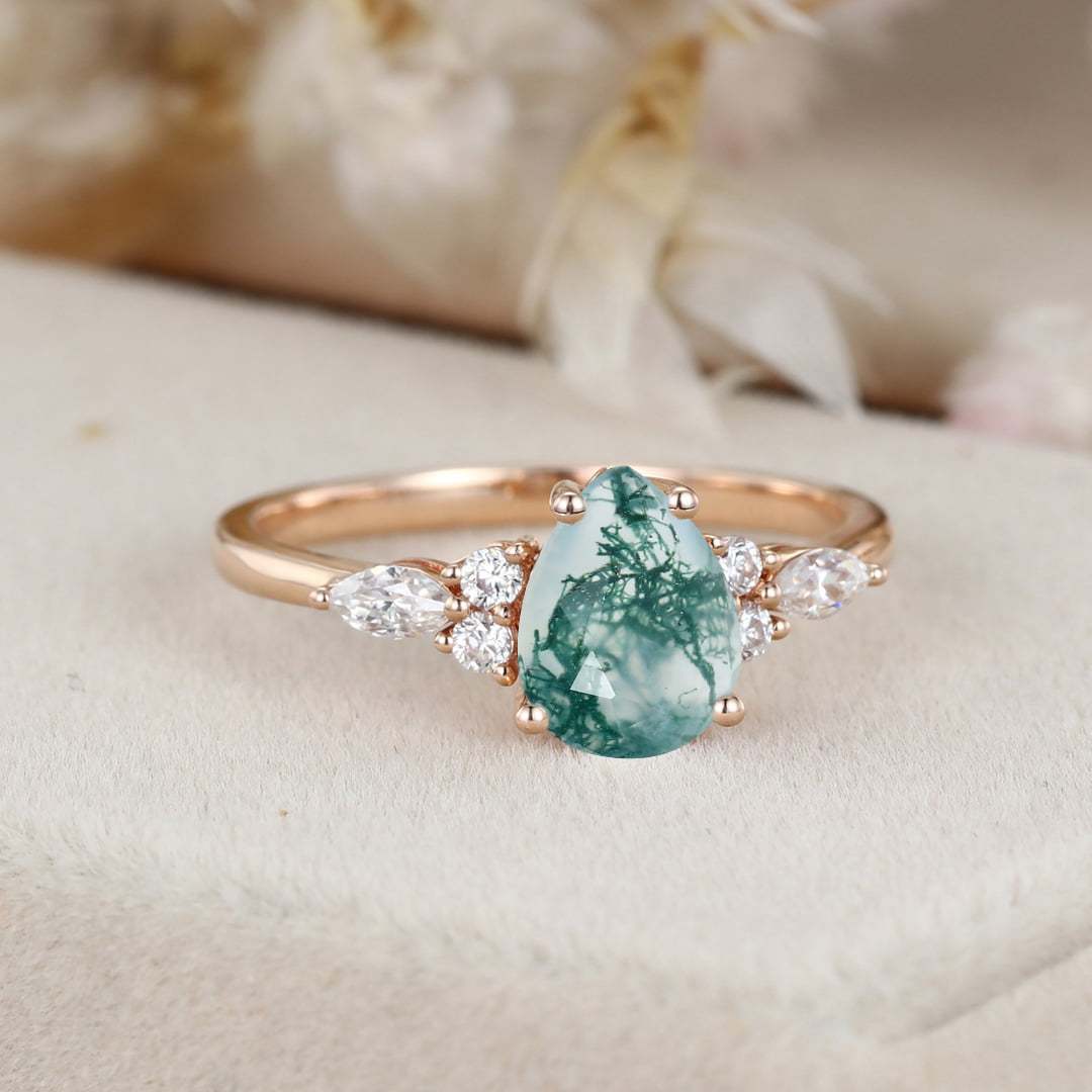 6x8mm Pear Natural Moss Agate Ring Unique Rose gold Cluster moissanite Engagement Ring Aquatic Green Agate Promise Wedding gift for her