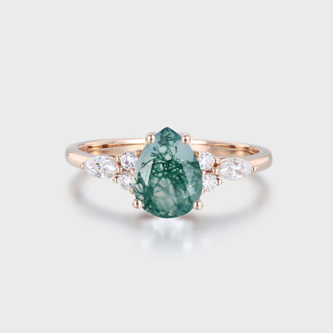 6x8mm Pear Natural Moss Agate Ring Unique Rose gold Cluster moissanite Engagement Ring Aquatic Green Agate Promise Wedding gift for her