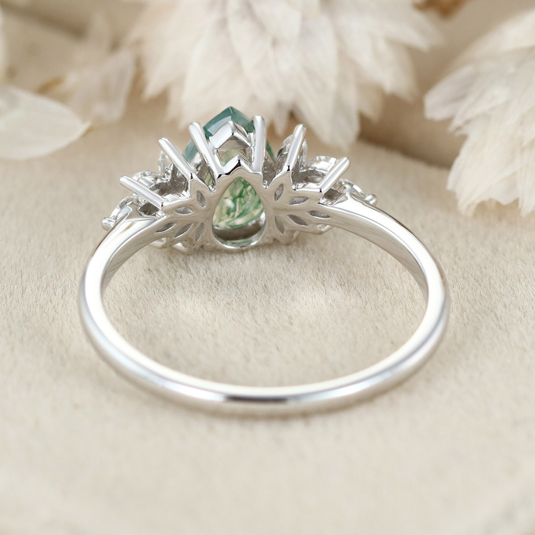 Natural Green Moss Agate Pear cut Cluster Engagement rings