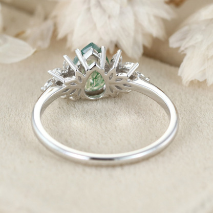 Natural Green Moss Agate Pear cut Cluster Engagement rings