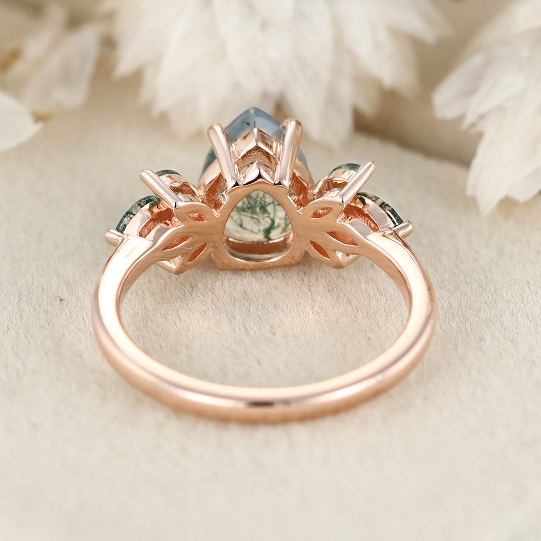 Natural Green Moss Agate pear cut cluster Engagement Ring